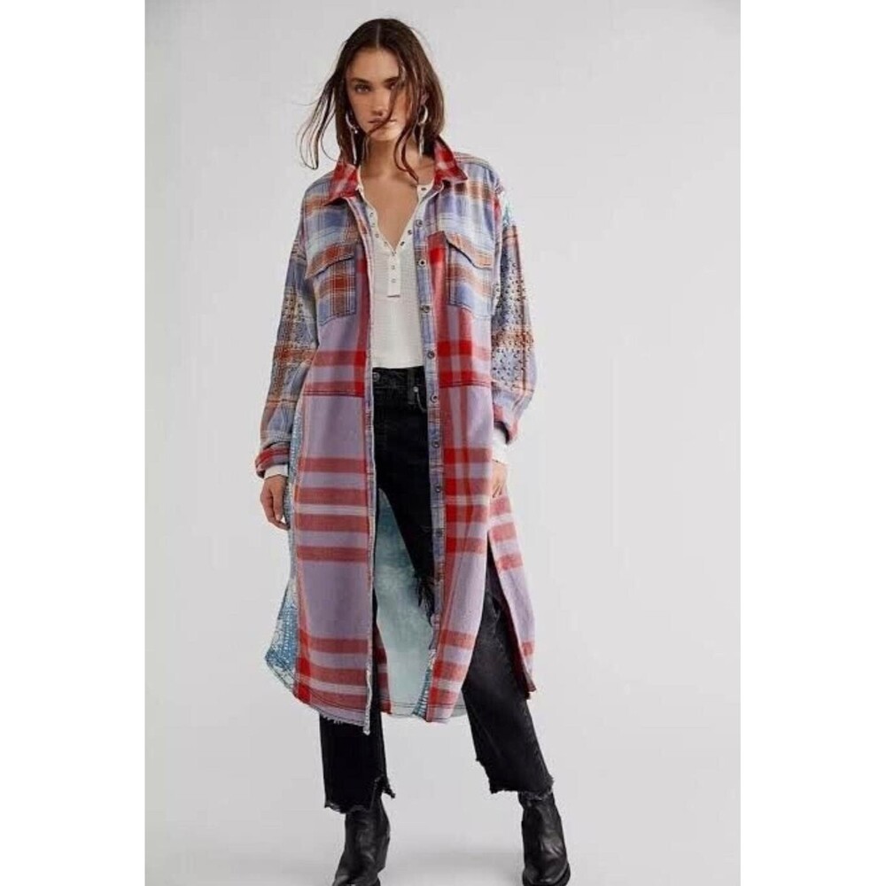 Free People We The Free Flannel Painted Hills Maxi Shirt Top Oversized S 285336